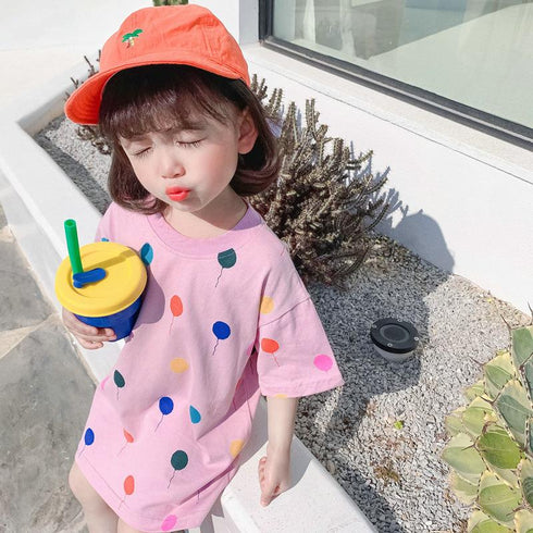Girl's Summer Color Balloon Long Tee Dress